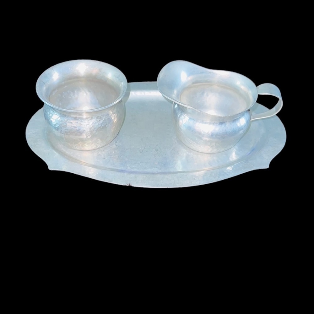 Vintage Hammered Aluminum Cream/Sugar/Platter by Gailstyn